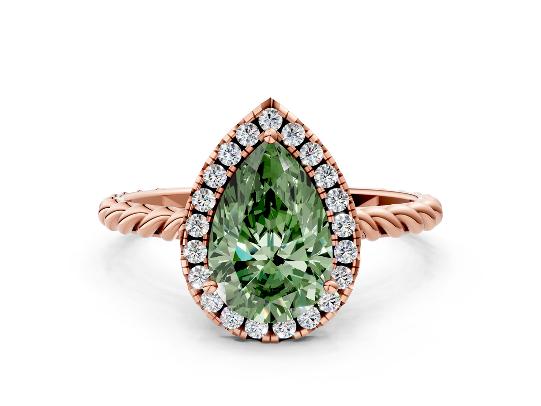 Rose gold Fancy Green Pear  Halo Twisted Band Four-Prong Diamond Ring_20