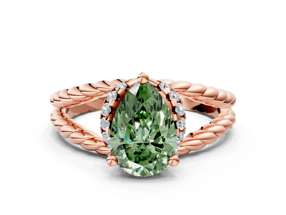 Rose gold Fancy Green Pear  Halo Twisted Band Four-Prong Ring_31