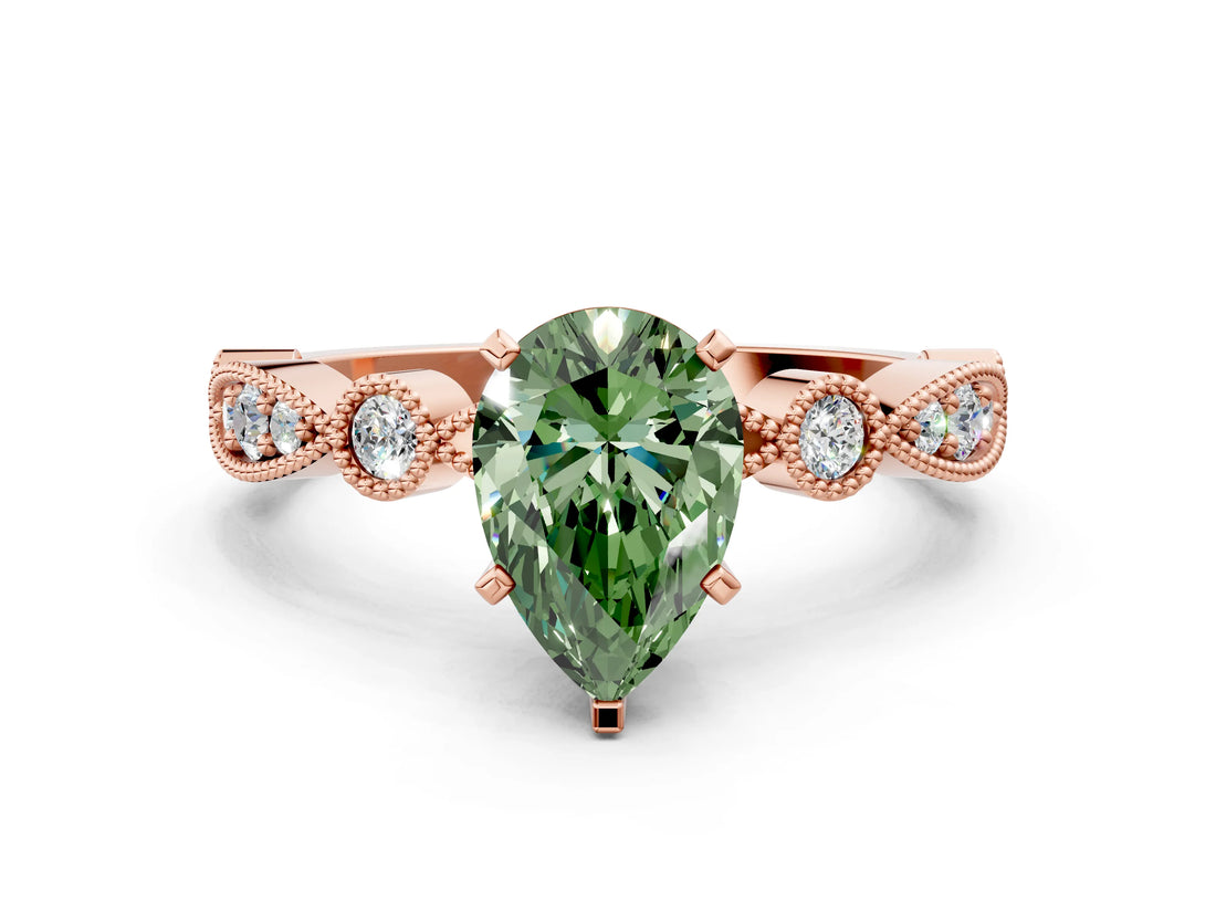Rose gold Fancy Green Pear  Milgrain Bezel Diamond Engagement Ring with Solitaire Prong Setting_139