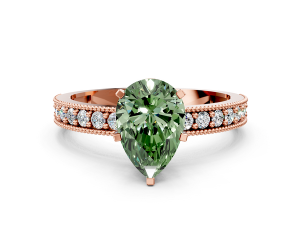 Rose gold Fancy Green Pear Cut Diamond Milgrain Pavé Engagement Ring with Four-Prong Setting