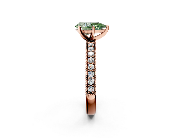 Rose gold Fancy Green Pear Cut Diamond Milgrain Pavé Engagement Ring with Four-Prong Setting