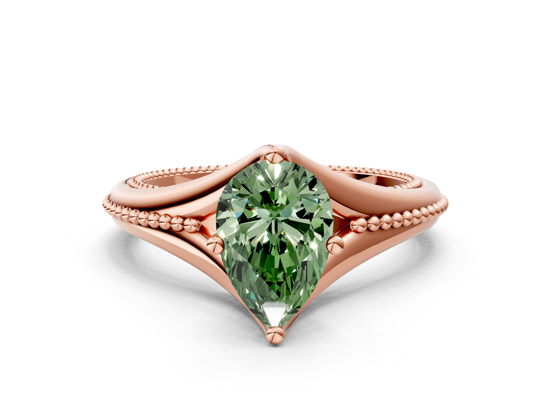 Rose gold Fancy Green Pear  Solitaire Beaded Band Six-Prong Setting