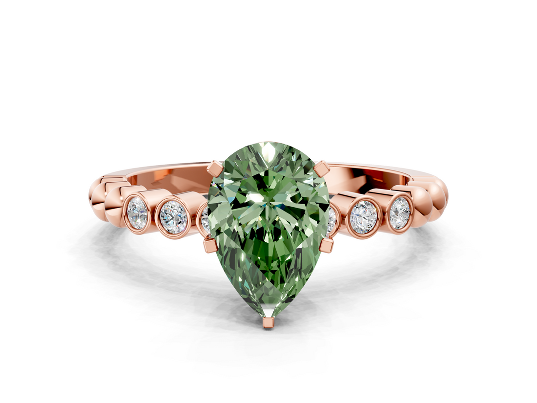 Rose gold Fancy Green Pear  Solitaire Bezel Accent Diamond Engagement Ring with Beaded Band and Four-Prong Setting_55