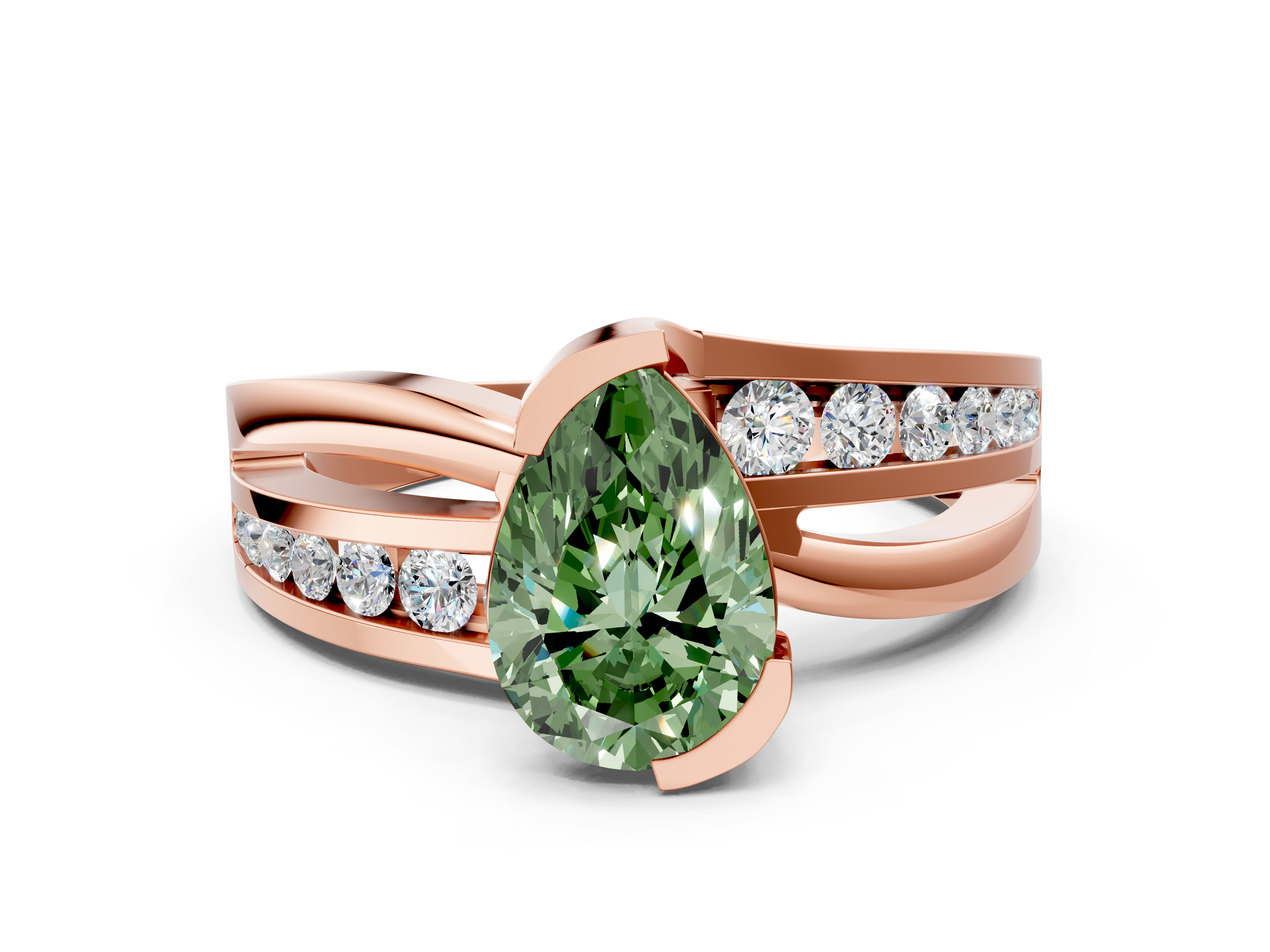 Rose gold Fancy Green Pear Solitaire Channel-Set Split Shank Ring with