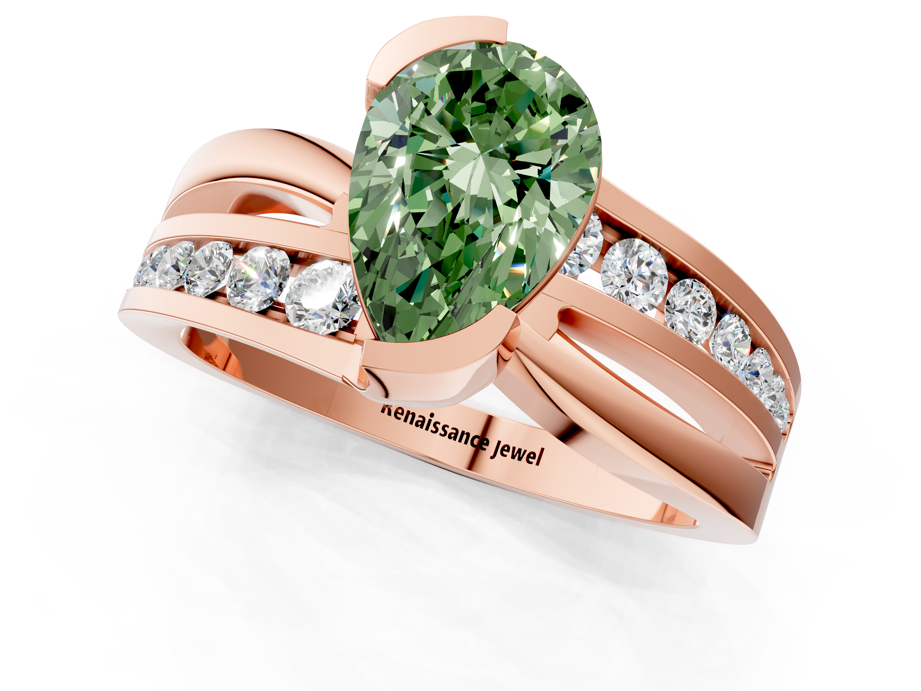 Rose gold Fancy Green Pear  Solitaire Channel-Set Split Shank Ring with Tension Prong Setting_4