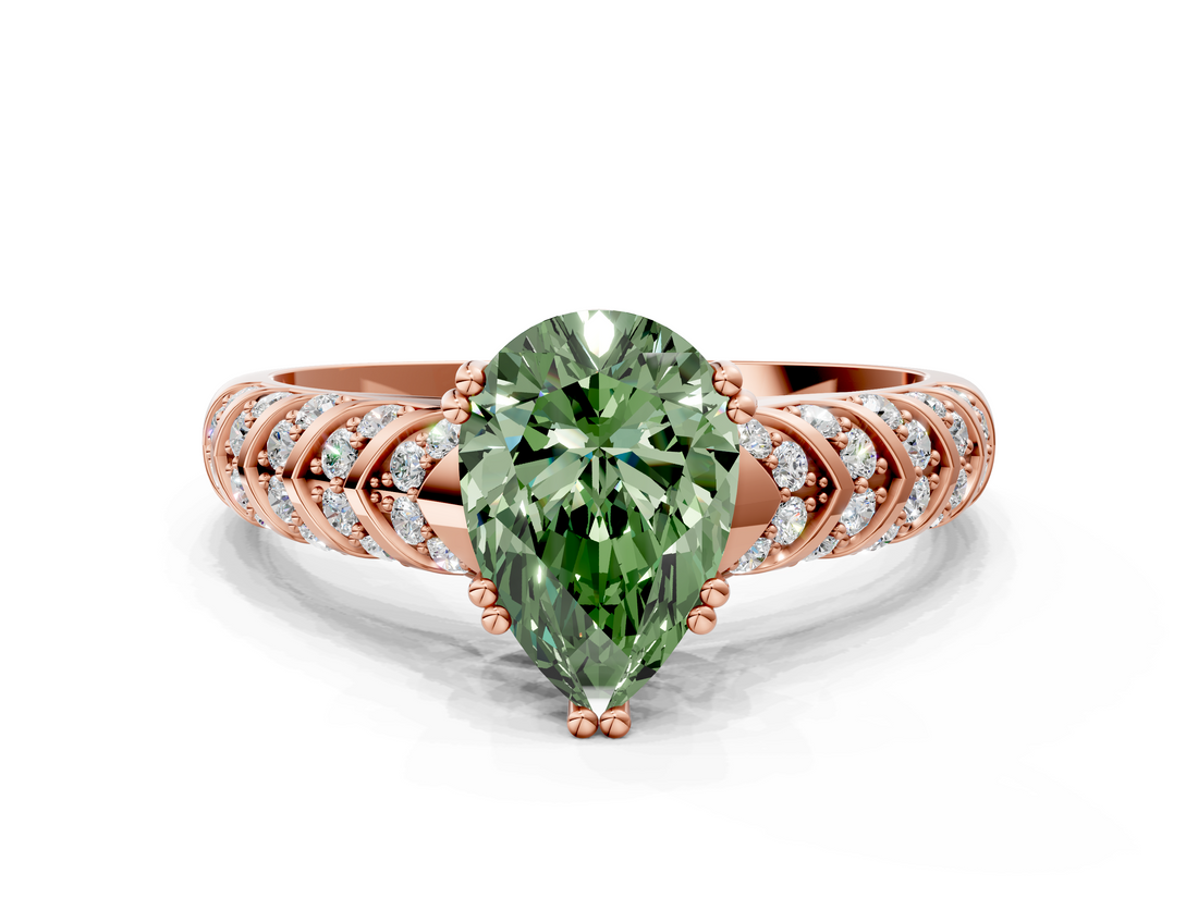 Rose gold Fancy Green Pear  Solitaire Chevron Pave Diamond Engagement Ring with Six-Prong Setting_3
