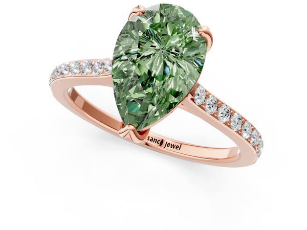 Rose gold Fancy Green Pear  Solitaire Diamond Engagement Ring with Pave Band and Six-Prong Setting