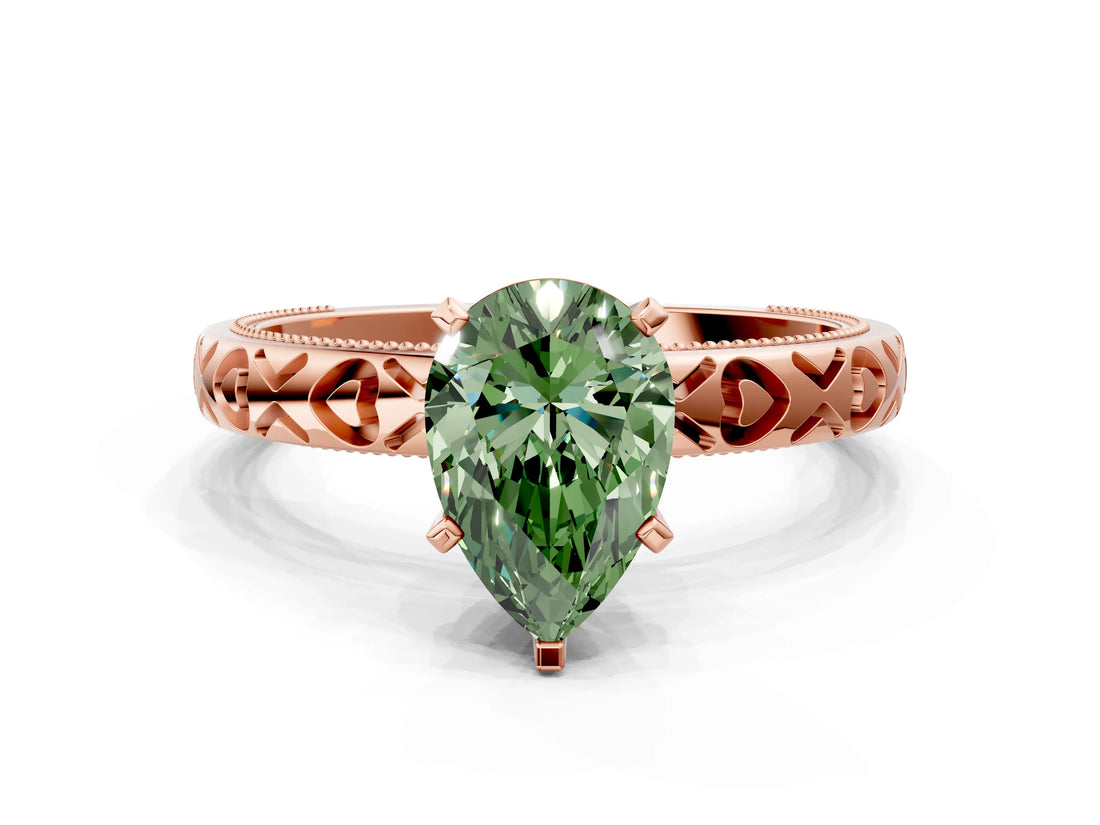 Rose gold Fancy Green Pear  Solitaire Diamond Engagement Ring with XO Engraved Band and Four-Prong Setting 1