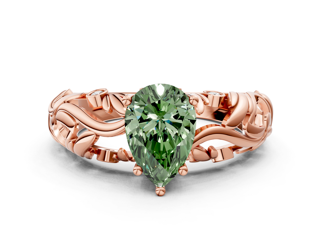 Rose gold Fancy Green Pear  Solitaire Diamond Leaf Vine Band with Prong Setting_29