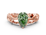 Rose gold Fancy Green Pear  Solitaire Diamond Leaf Vine Band with Prong Setting_29