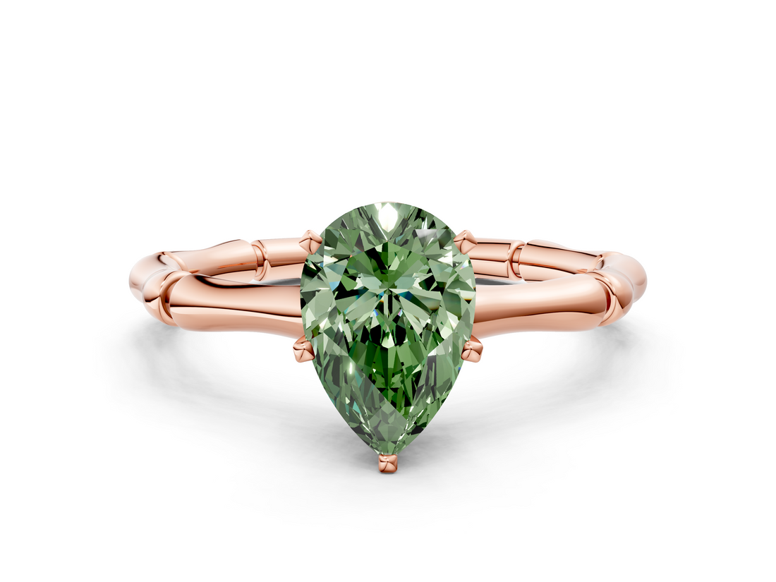 Rose gold Fancy Green Pear  Solitaire Diamond Ring with Bamboo Band and Four-Prong Setting_55