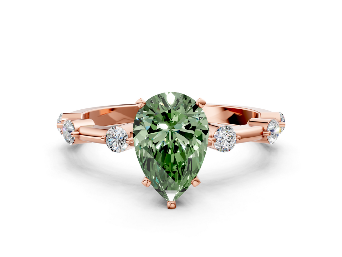 Rose gold Fancy Green Pear  Solitaire Diamond Ring with Bezel Set Side Stones and Prong Setting_3