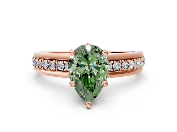 Rose gold Fancy Green Pear  Solitaire Diamond Ring with Channel Set Band and Six-Prong Setting