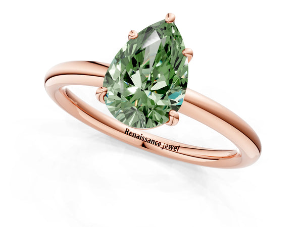 Rose gold Fancy Green Pear  Solitaire Diamond Ring with Four-Prong Setting on a Plain Band