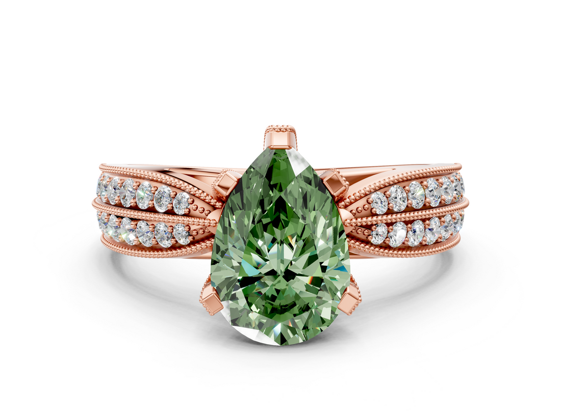 Rose gold Fancy Green Pear  Solitaire Diamond Ring with Milgrain Pavé Band and Four-Prong Setting_31