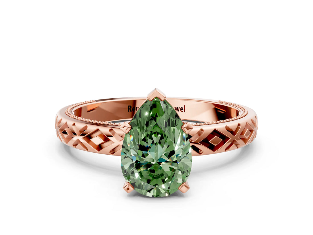 Rose gold Fancy Green Pear  Solitaire Diamond Ring with Milgrain and Black Enamel X Pattern Band_201