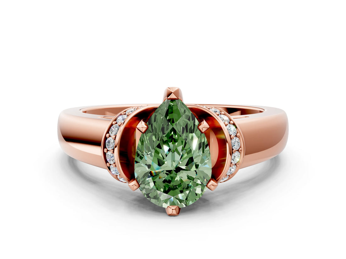 Rose gold Fancy Green Pear  Solitaire Diamond Ring with Pave Band and Six-Prong Setting_32