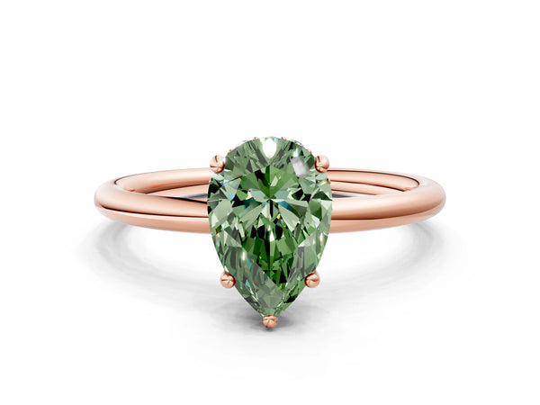 Rose gold Fancy Green Pear  Solitaire Diamond Ring with a Classic Band and Four-Prong Setting