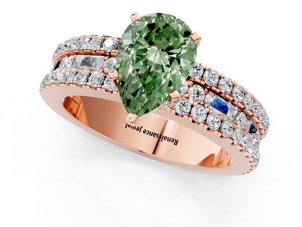 Rose gold Fancy Green Pear Cut Diamond Solitaire Ring with Pavé and Channel Set Band