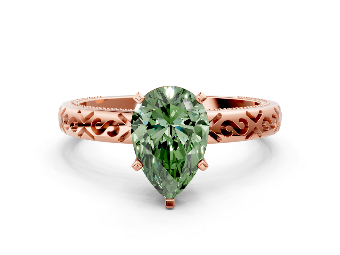 Rose gold Fancy Green Pear  Solitaire Engagement Ring with Scrollwork Band and Four-Prong Setting_116