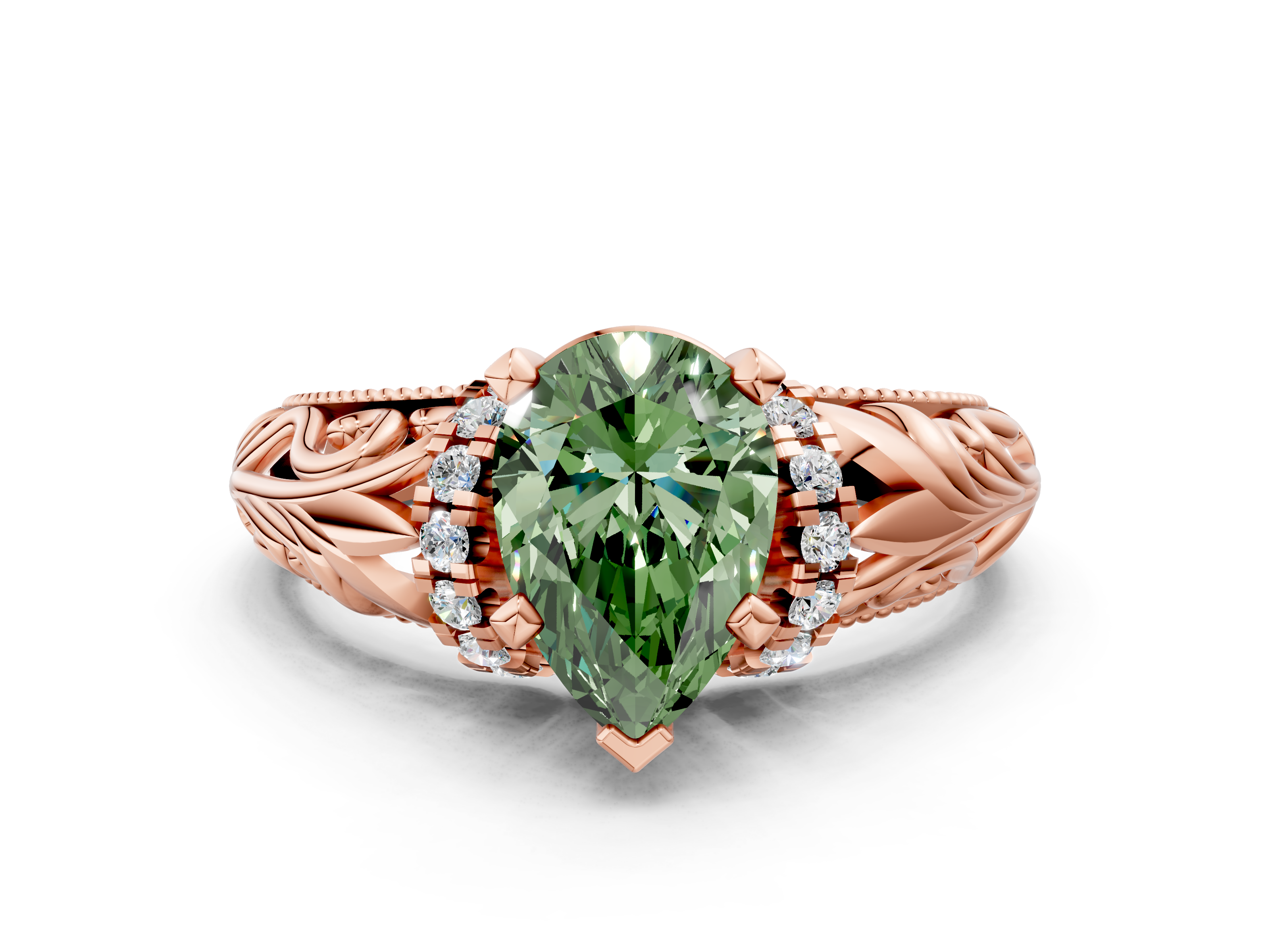 Rose gold Fancy Green Pear  Solitaire Filigree Engagement Ring with Halo and Prong Setting_68