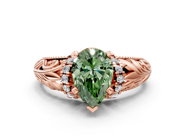 Rose gold Fancy Green Pear  Solitaire Filigree Engagement Ring with Halo and Prong Setting