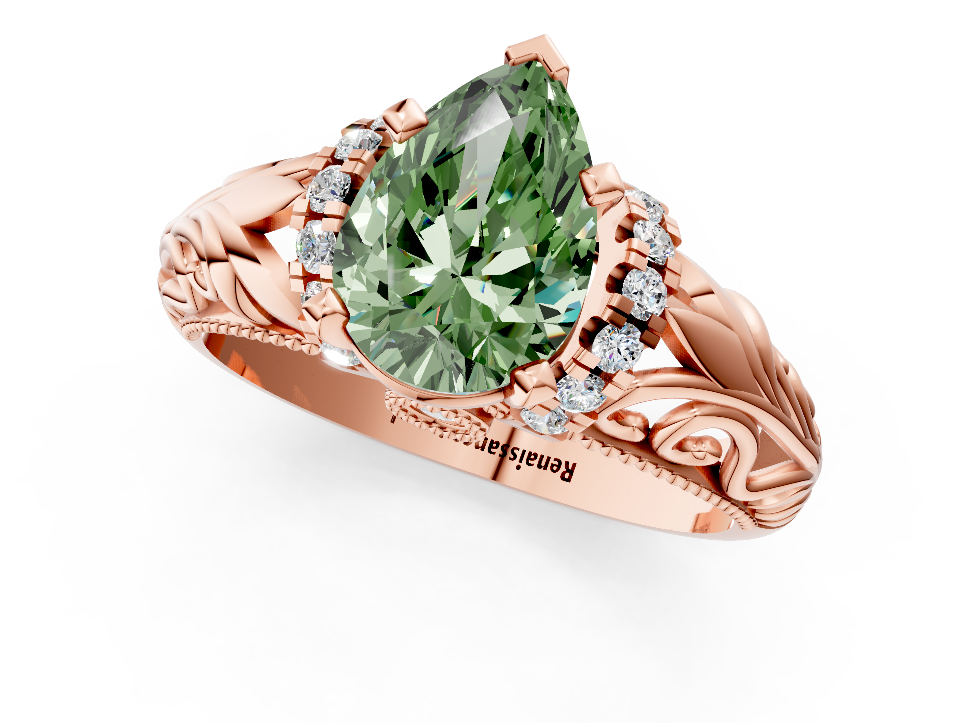Rose gold Fancy Green Pear  Solitaire Filigree Engagement Ring with Halo and Prong Setting_69