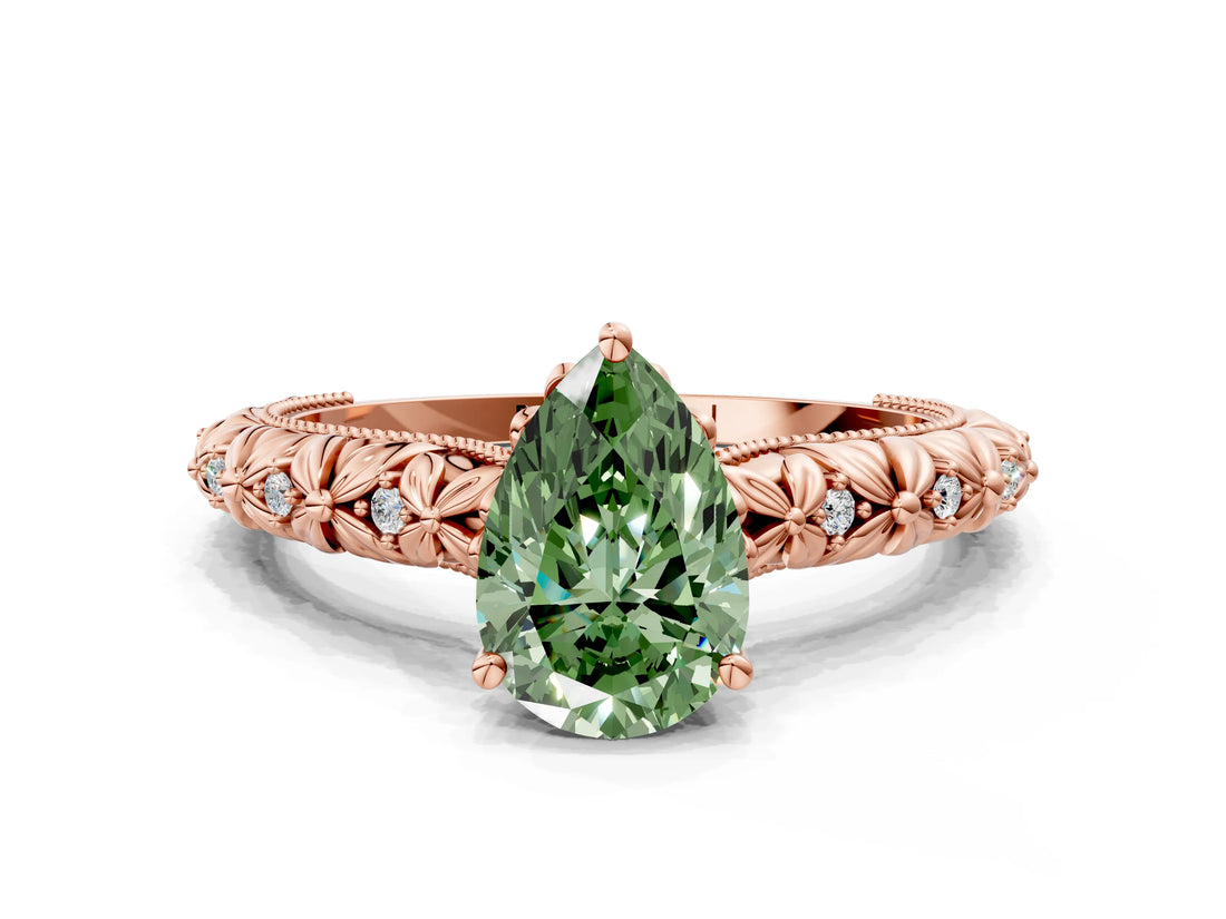 Rose gold Fancy Green Pear  Solitaire Floral Milgrain Engagement Ring_50