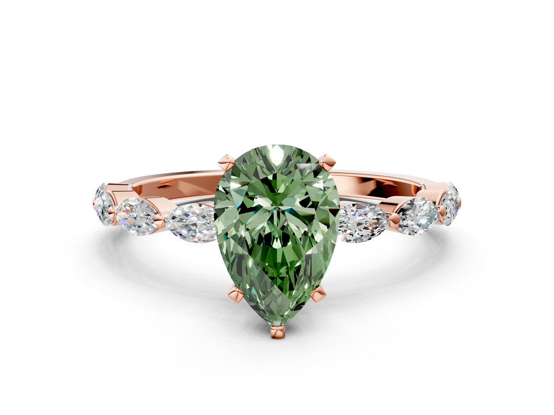 Rose gold Fancy Green Pear  Solitaire Marquise Side Stone Prong Setting Ring_44