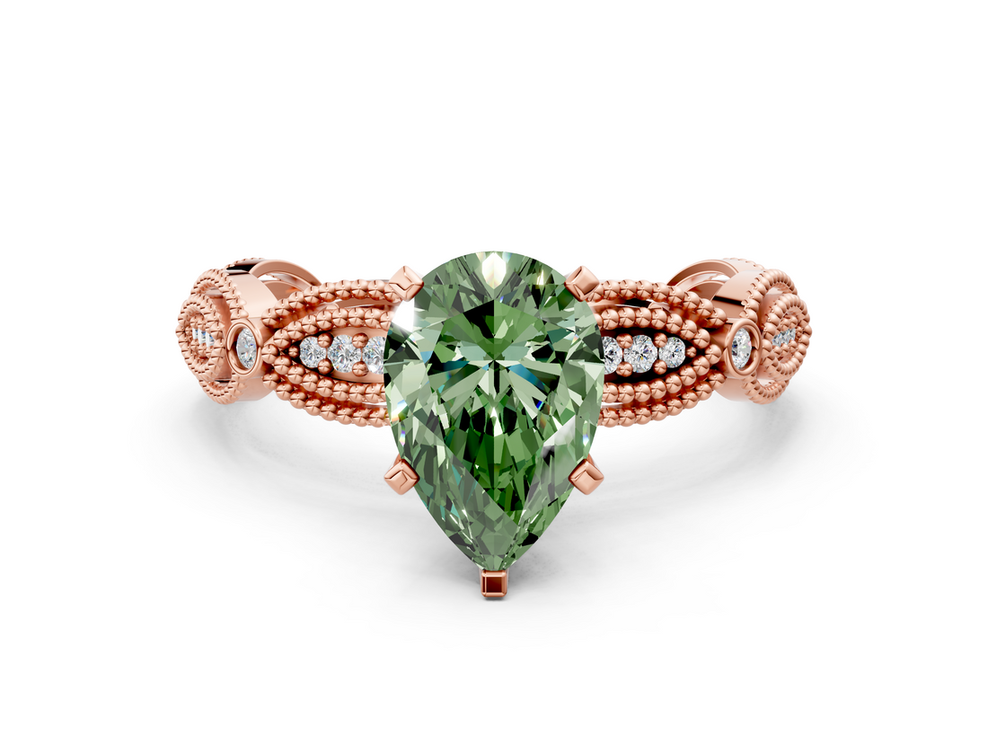 Rose gold Fancy Green Pear  Solitaire Milgrain Diamond Engagement Ring with Bezel and Marquise Band_165