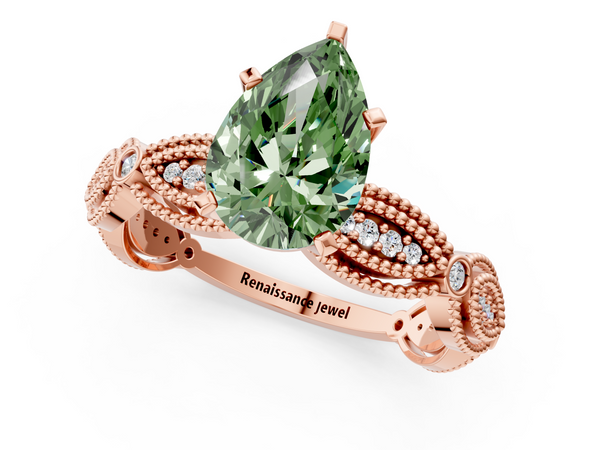 Rose gold Fancy Green Pear  Solitaire Milgrain Diamond Engagement Ring with Bezel and Marquise Band