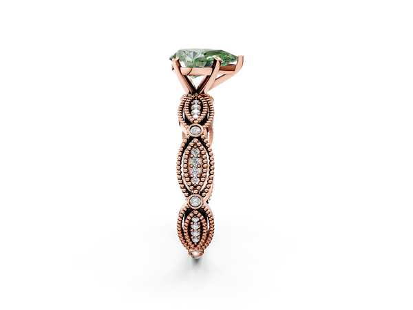 Rose gold Fancy Green Pear  Solitaire Milgrain Diamond Engagement Ring with Bezel and Marquise Band
