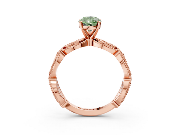 Rose gold Fancy Green Pear  Solitaire Milgrain Diamond Engagement Ring with Bezel and Marquise Band