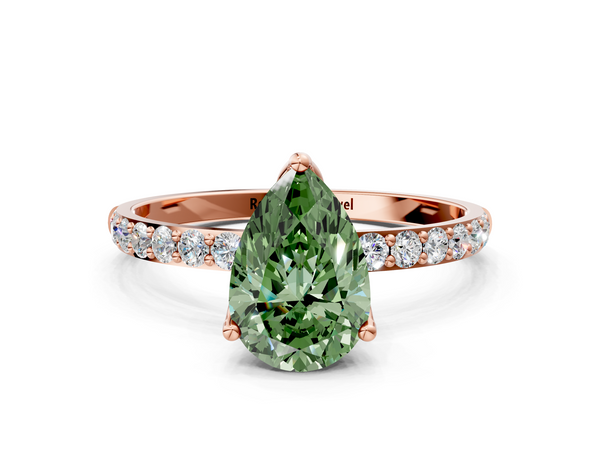 Rose gold Fancy Green Pear Cut Diamond Solitaire Engagement Ring with Round  Pavé Band and Prong Setting