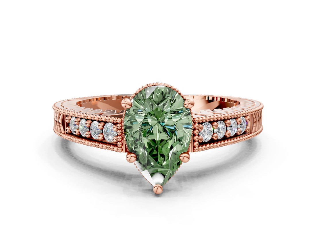 Rose gold Fancy Green Pear  Solitaire Pavé Diamond Milgrain Engagement Ring with Four-Prong Setting_3