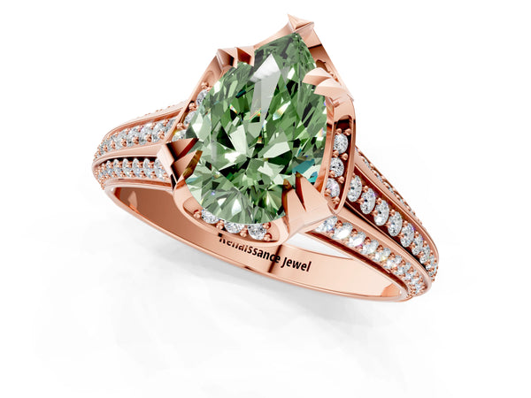 Rose gold Fancy Green Pear  Solitaire Pave Split Shank Ring with Four-Prong Setting