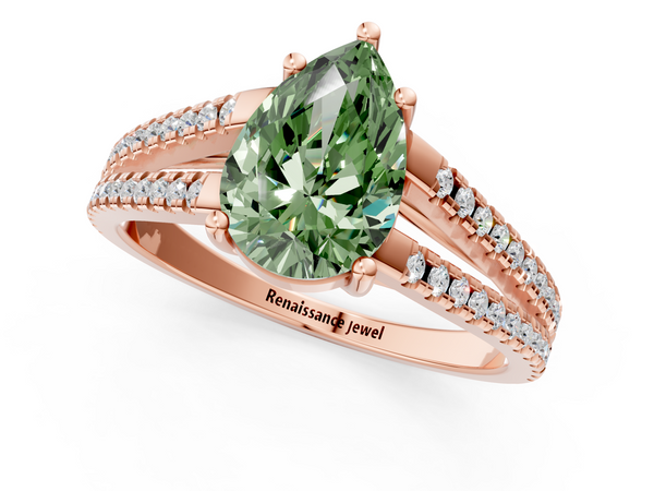 Rose gold Fancy Green Pear Cut Diamond Solitaire Engagement Ring with Split Shank Pavé Band