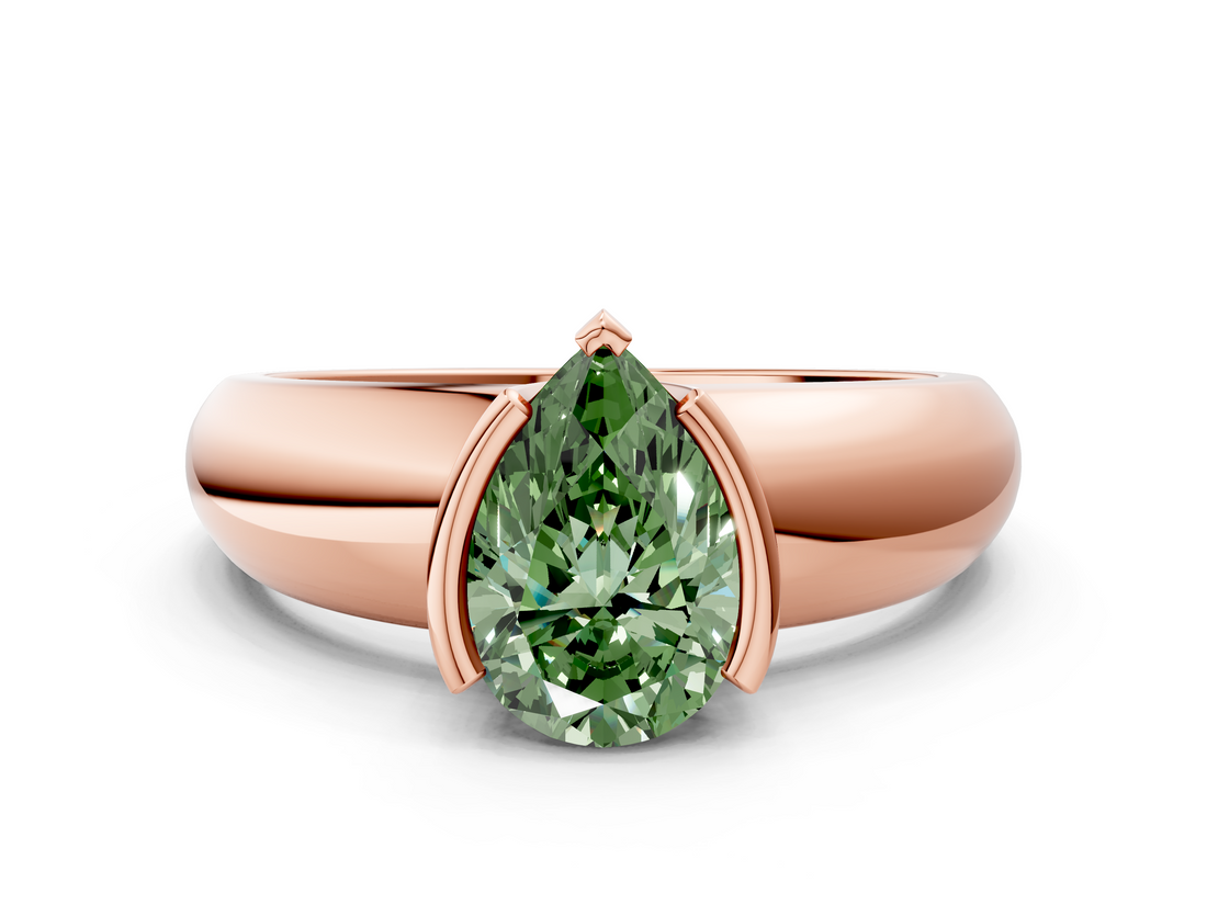 Rose gold Fancy Green Pear  Solitaire Tension Set Diamond Ring with Wide Band_37