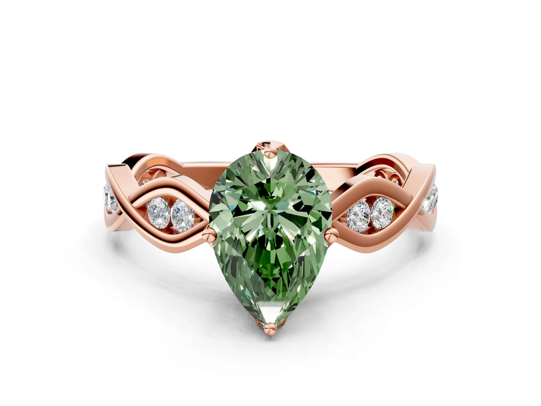 Rose gold Fancy Green Pear  Solitaire Twist Band with Leaf Prong Setting