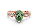 Rose gold Fancy Green Pear  Solitaire Twist Band with Leaf Prong Setting