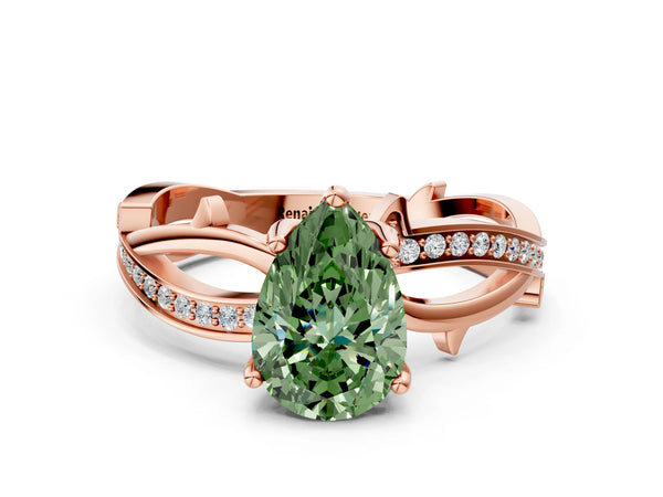 Rose gold Fancy Green Pear  Solitaire Twist Band with Pavé Accents and Four-Prong Setting