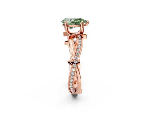Rose gold Fancy Green Pear  Solitaire Twist Band with Pavé Accents and Four-Prong Setting