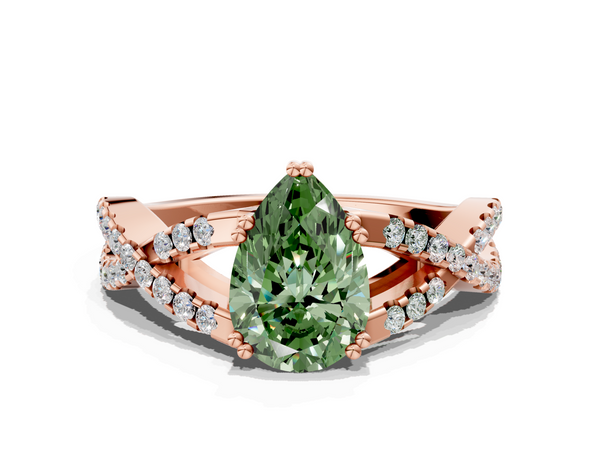 Rose gold Fancy Green Pear Cut Diamond Solitaire Ring with Four-Prong Setting and Twisted Pavé Band