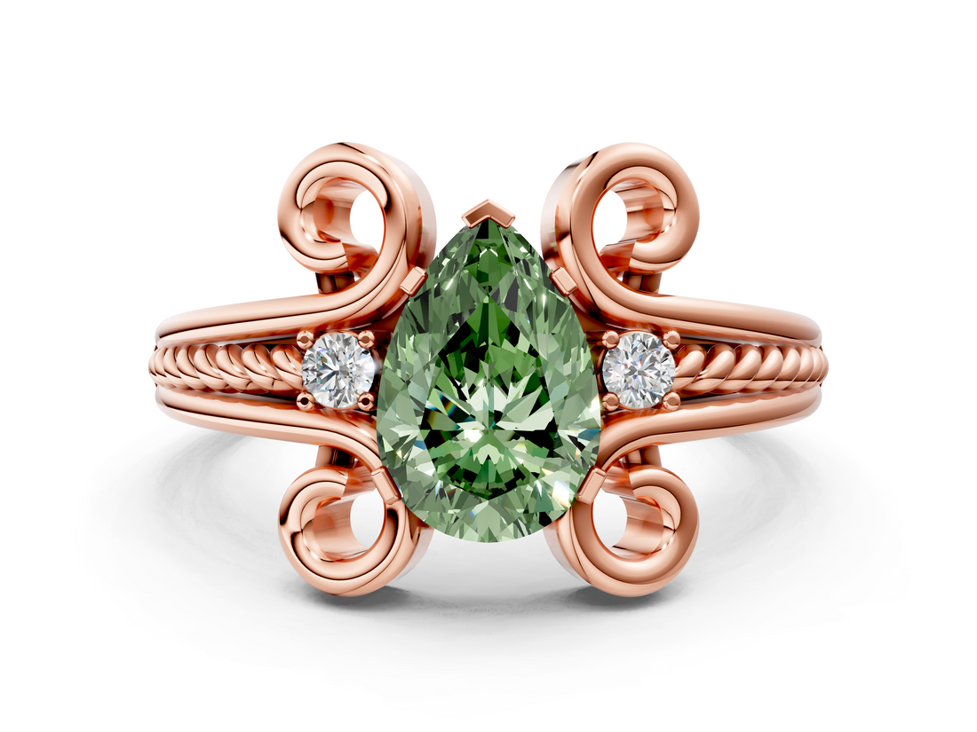 Rose gold Fancy Green Pear  Solitaire Twisted Band Scroll Prong Ring_3