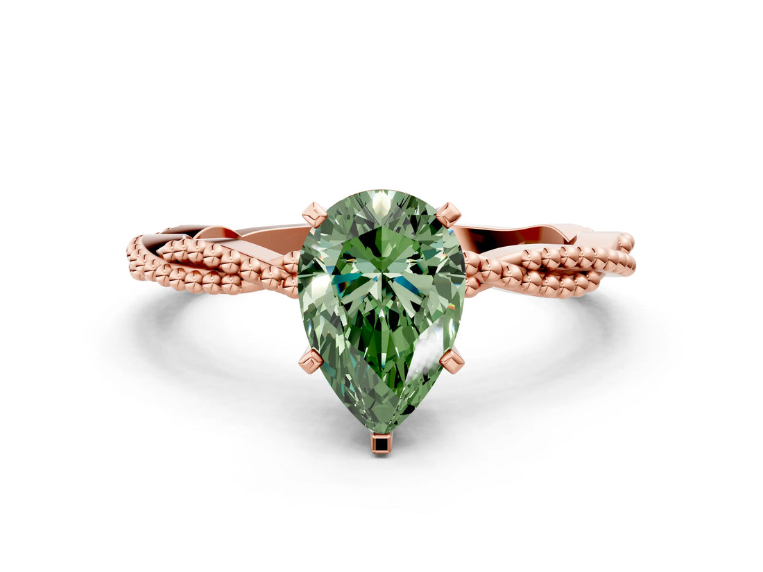 Rose gold Fancy Green Pear  Solitaire Twisted Band with Bead Prong Setting_378