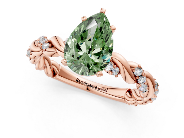 Rose gold Fancy Green Pear Cut Diamond Solitaire Ring with Twisted Band and Pavé Accents
