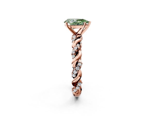 Rose gold Fancy Green Pear Cut Diamond Solitaire Ring with Twisted Band and Pavé Accents