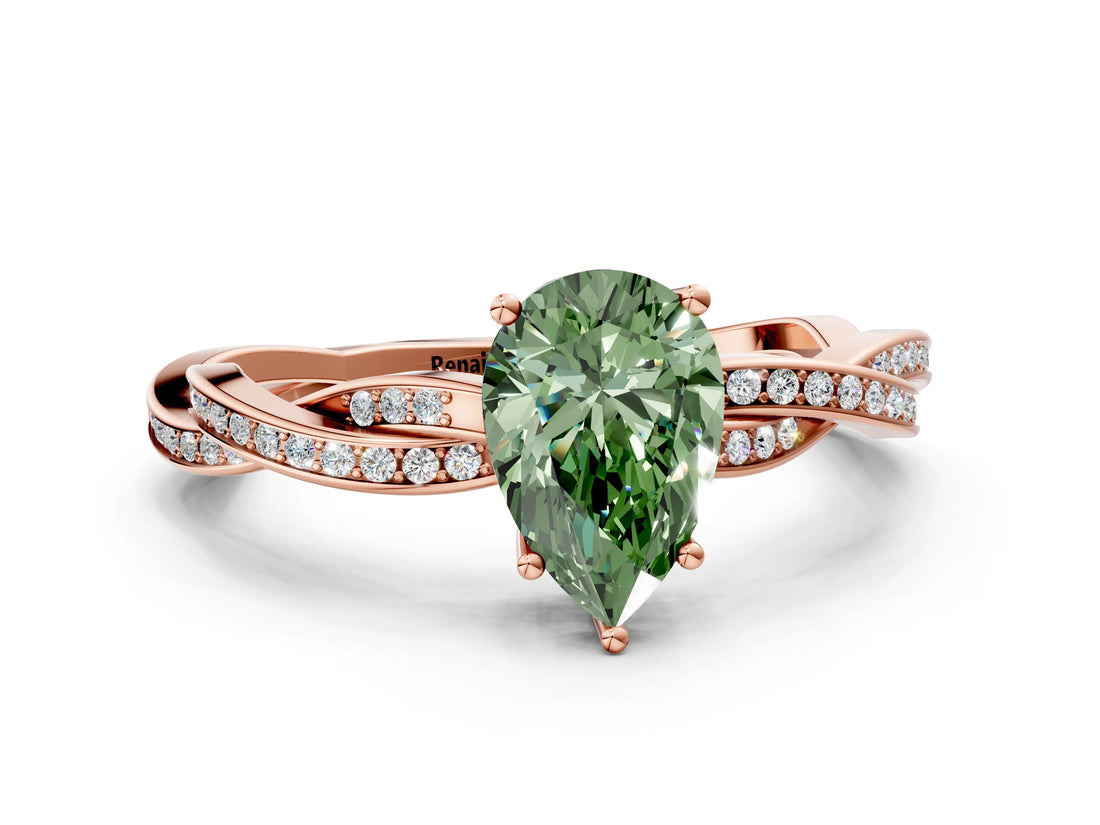 Rose gold Fancy Green Pear  Solitaire Twisted Pave Diamond Ring with Four-Prong Setting_12