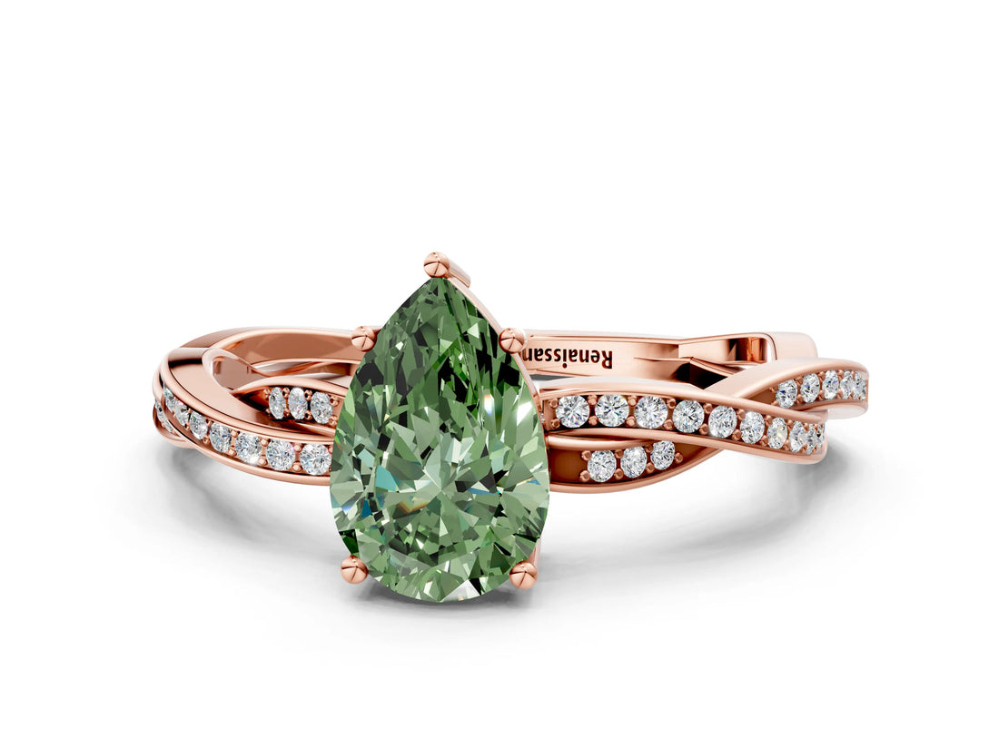 Rose gold Fancy Green Pear  Solitaire Twisted Pave Diamond Ring with Four-Prong Setting_85