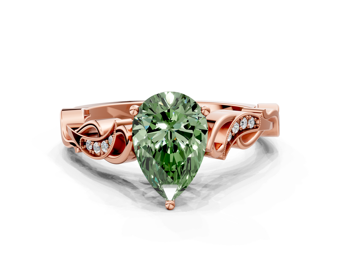 Rose gold Fancy Green Pear  Solitaire Vine Band with Milgrain Prong Setting_3